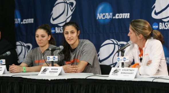 Princeton's Lauren Polansky, Niveen Rasheed & head coach Courtney Banghart. Photo: Beverly Schaefer.