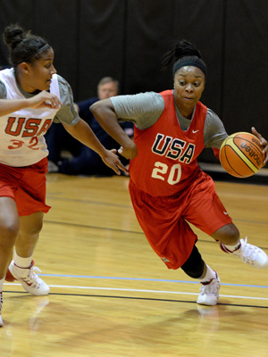 Kaleena Mosqueda-Lewis (left) and Odyssey Sims are among the six college athletes named to the 2014-16 USA National Team. Photo: Andrew D. Bernstein/NBAE via Getty Images.