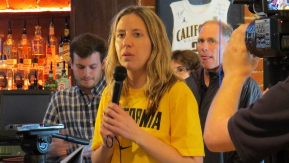 Cal head coach Lindsay Gottlieb addresses fans during the team's selection party on Monday, March 15, 2015 in Berkeley.