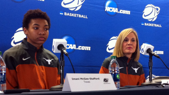 BERKELEY, Calif., March 19, 2015 -- Texas center Imani McGee-Stafford and head coach Karen Aston.