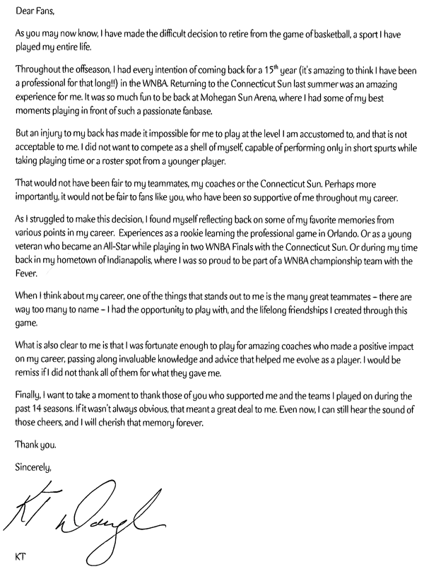 Katie Douglas' letter to fans.