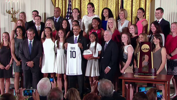 President Obama congratulates the NCAA women's champion, the University of Connecticut Huskies. September 15, 2015.