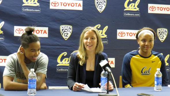 Dec. 6, 2015: Cal's Mikayla Cowling, head coach Lindsay Gottlieb, Kristine Anigwe.