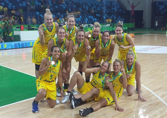 The Australian Opals show off their gold medals from the Rio test event. Photo: Basketball Australia.