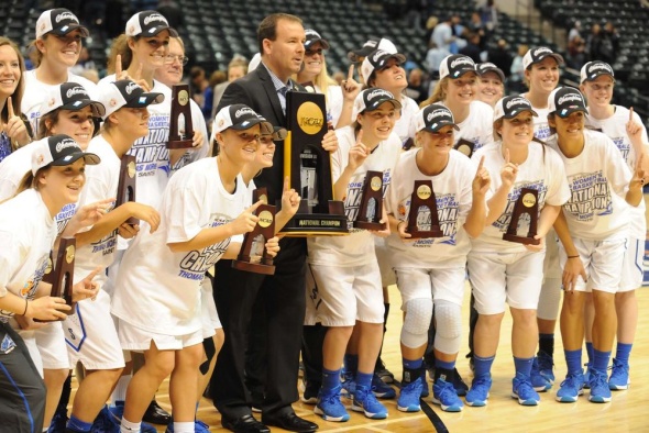 The Thomas More Saints celebrate their second consecutive NCAA Division III Women’s Basketball Tournament national championship after defeating Tufts, 63-51, at Bankers Life Fieldhouse in Indianapolis on Monday evening. Photo © Lee Michaelson, all rights reserved.