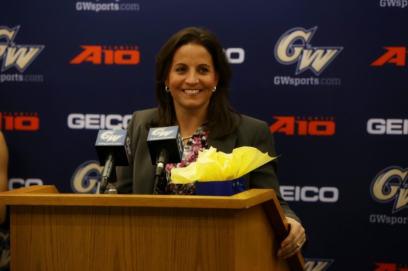 Jennifer Rizzotti (April 15, 2016). Photo: George Washington Athletics.