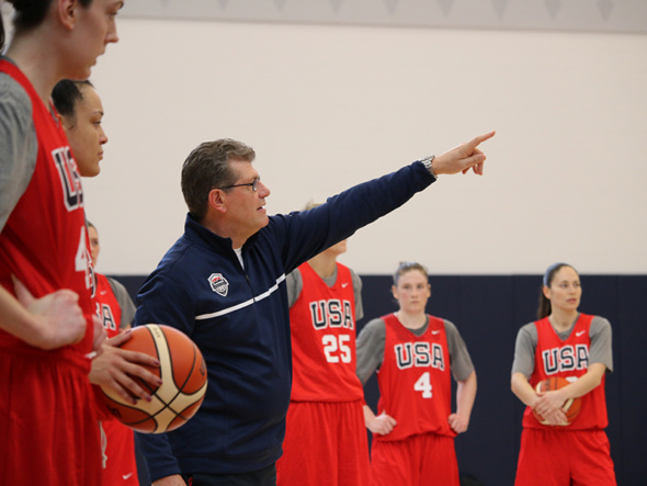 Feb. 21, 2016 - Geno Auriemma, USA Women's National Team and University of Connecticut head coach, directs the team during practice. Photo: USA Basketball.