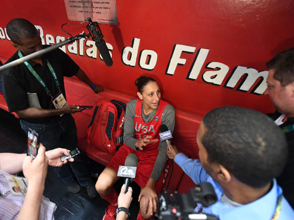 Diana Taurasi talks to the media at practice during the Rio 2016 Olympic games on August 11, 2016. Photo: Jesse D. Garrabrant/NBAE via Getty Images.