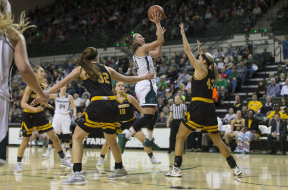 Mehryn Kraker moved into first on Green Bay’s all-time three-pointers made list with 197 when the Phoenix won its ninth straight game Saturday, a 89-47 win over Milwaukee. Photo: Green Bay Athletics.