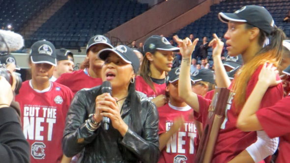 March 27, 2017 (Stockton, Calif.) - Dawn Staley after her team won beat Florida State in the Elite Eight.