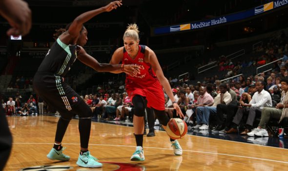 June 29, 2017 - Elena Delle Donne dribbles past Tina Charles. Photo: NBAE/Getty Images.