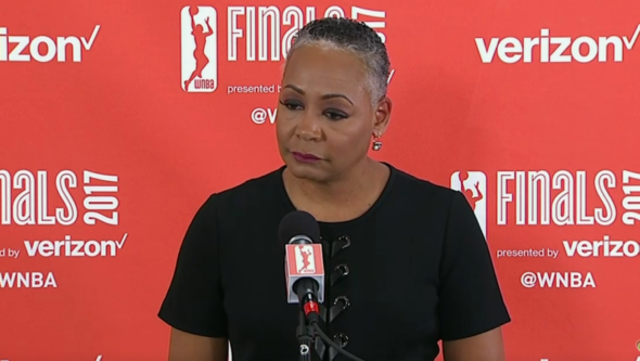 WNBA president Lisa Borders address the media before game one of the 2017 Finals.