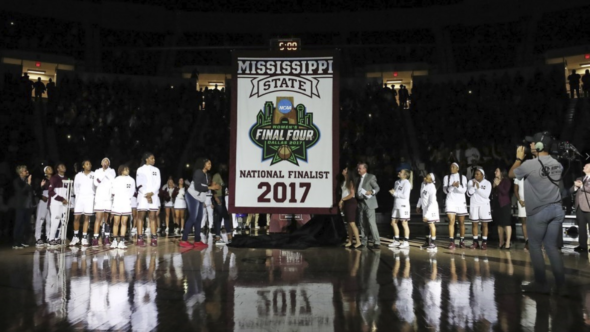 Nov. 10, 2017 - Mississippi State raises 2017 National Finaslist Banner. Photo: Mississippi State Athletics.