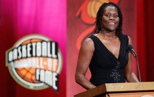 Katrina McClain speaks during the Basketball Hall of Fame Enshrinement Ceremony at Symphony Hall on September 7, 2012 in Springfield, Massachusetts. Photo: Jim Rogash/Getty Images North America.