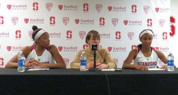 Dec. 16, 2017 (Stanford, CA) -- Maya Dodson and Kiana Williams with head coach Tara VanDerveer postgame.