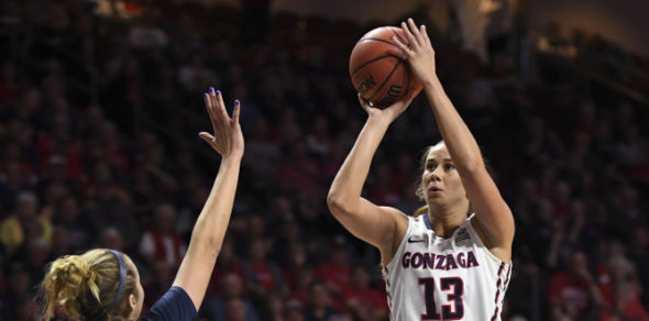 March 2, 2018; Las Vegas, NV, USA; Gonzaga Bulldogs forward Jill Barta (13) against the Pepperdine Waves during the first half of the WCC Basketball Championships at Orleans Arena.