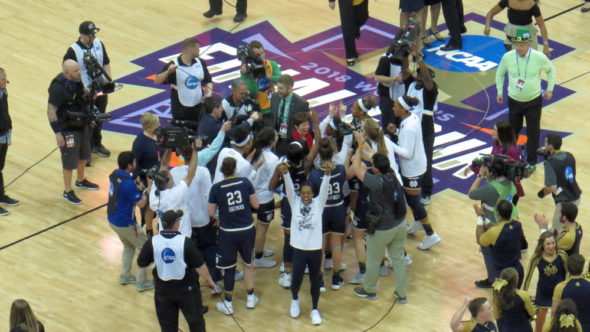 COLUMBUS, Ohio (March 30, 2018) - Notre Dame celebrates on the court after beating UConn in the Final Four.