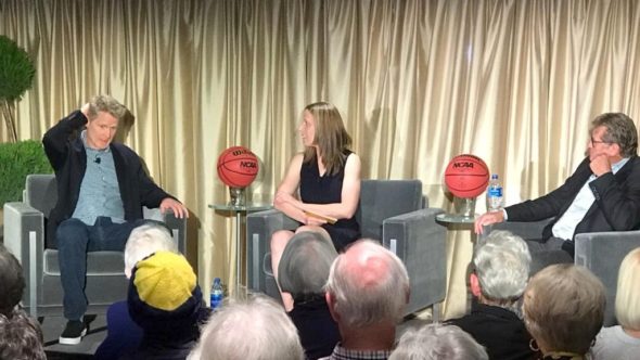 Dec. 21, 2018 (BERKELEY, Calif.) - Warriors coach Steve Kerr, Cal coach Lindsay Gottlieb and UConn coach Geno Auriemma. Photo: MIchael Roberson.