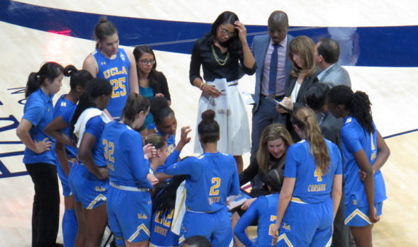 January 4, 2018 (Berkeley, Calif.) -- UCLA listens to head coach Cori Close in the first half of their win vs. Cal.