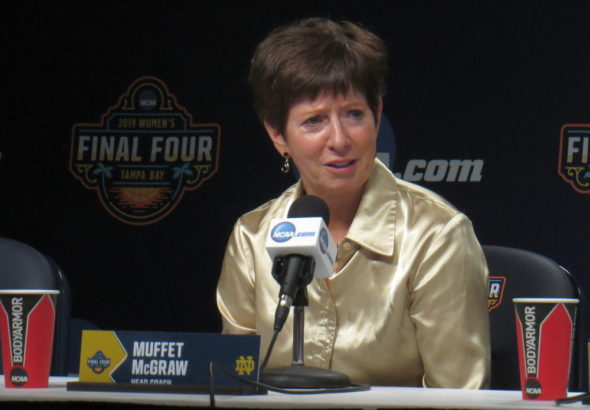 April 5, 2019 (Tampa, Fla.) - Notre Dame coach talks to media after the Irish defeated UConn in the Final Four.