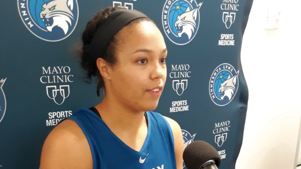 May 25, 2019. Napheesa Collier talks to media postgame. Photo: Charles Hallman.