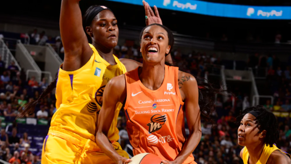 June 14, 2019 (Phoenix, AZ) - Los Angeles center Kalani Brown and Phoenix forward DeWanna Bonner. Photo: NBAE/Getty Images.