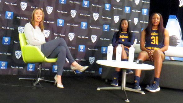 (San Francisco, CA) Cal's Lindsay Gottlieb with players Asha Thomas and Kristine Anigwe at the 2018 Pac-12 Media Day