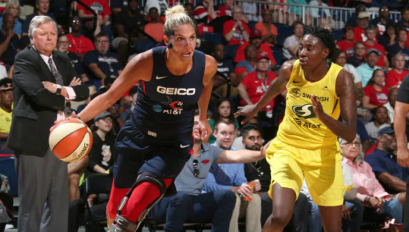 Aug. 14, 2019 - Elena Delle Donne and Natasha Howard. Photo: NBAE/Getty Images.