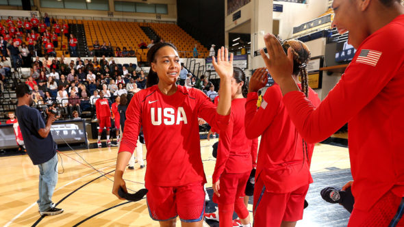 WASHINGTON, DC - SEPTEMBER 10: Allisha Gray #31 of the USA National Team high-fives A'ja Wilson #30 of the USA National Team before the game against the Japan National Team on September 10, 2018 at the Charles E Smith Center at George Washington University in Washington, DC. NOTE TO USER: User expressly acknowledges and agrees that, by downloading and/or using this Photograph, user is consenting to the terms and conditions of the Getty Images License Agreement. Mandatory Copyright Notice: Copyright 2018 NBAE (Photo by Ned Dishman/NBAE via Getty Images)