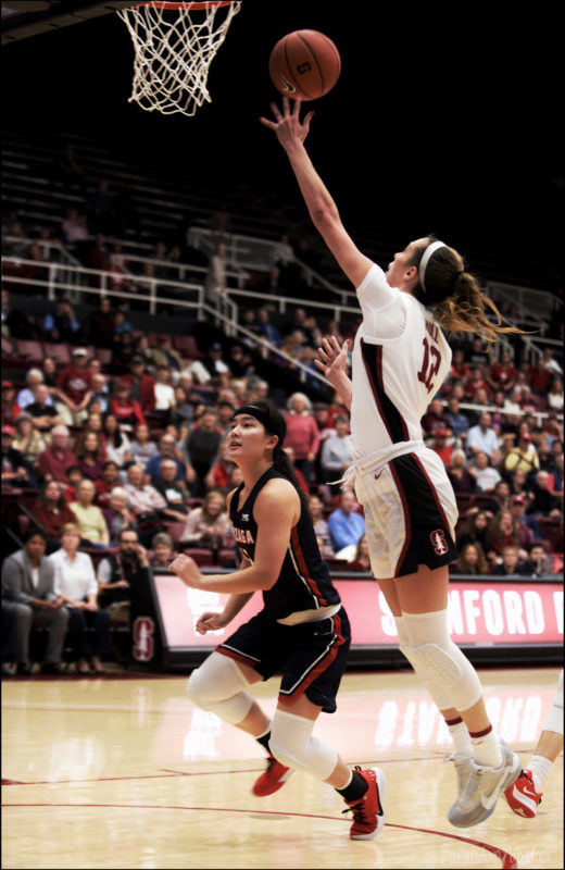 Nov. 17, 2019 (Stanford, Calif.) - Stanford's Lexie Hull shoots over Gonzaga's Kayleigh Truong. Photo: Baraduin Briggs, all rights reserved.
