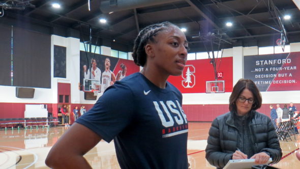 STANFORD, Calif. (11/01/19) - Nneka Ogwumike talks to media before practice.