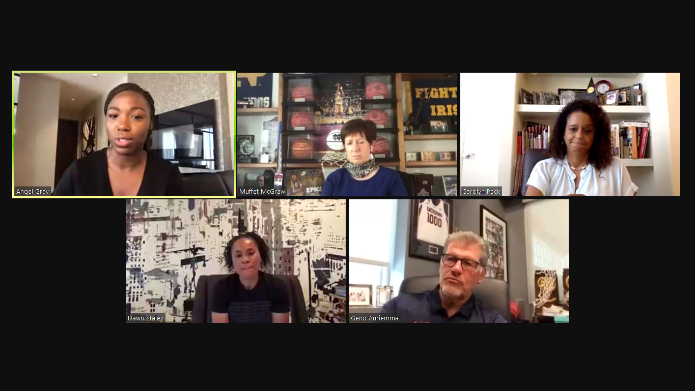 Dawn Staley, Carolyn Peck, Muffet McGraw and Geno Auriemma discuss racism and inequality during virtual panel