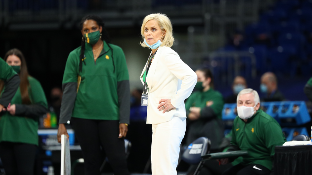 SAN ANTONIO, TX - MARCH 29: Baylor head coach Kim Mulkey, Baylor vs. UConn in the Elite Eight round of the 2021 NCAA Women’s Basketball Tournament at Alamodome on March 29, 2021. (Photo by C. Morgan Engel/NCAA Photos via Getty Images)