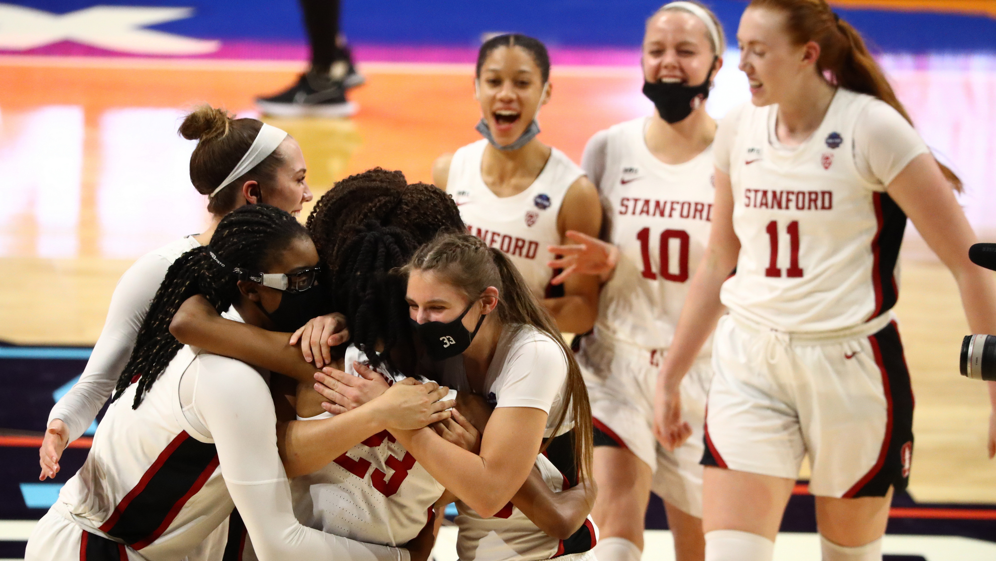 SAN ANTONIO, TX - APRIL 2: Stanford Cardinal players celebrate their win over the South Carolina Gamecocks in the semifinals of the NCAA Women’s Basketball Tournament at Alamodome on April 2, 2021 in San Antonio, Texas. (Photo by Justin Tafoya via Getty Images)