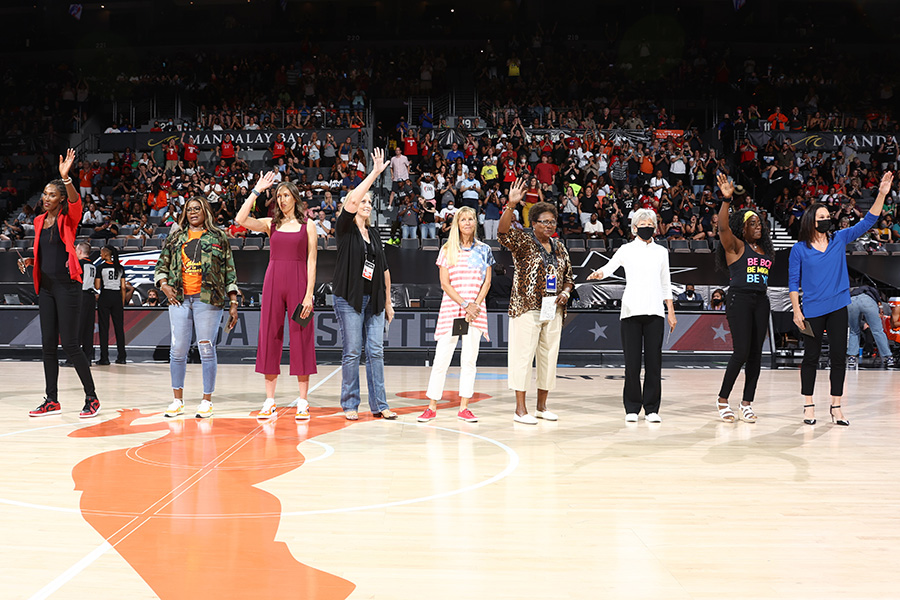 LAS VEGAS, NV - JULY 14: The USA Basketball Womens National Team honors the 1996 United States Olympic Team with flowers during the AT&T WNBA All-Star Game 2021 on July 14, 2021 at Michelob ULTRA Arena in Las Vegas, Nevada. NOTE TO USER: User expressly acknowledges and agrees that, by downloading and or using this photograph, User is consenting to the terms and conditions of the Getty Images License Agreement. (Photo by Ned Dishman/NBAE via Getty Images)