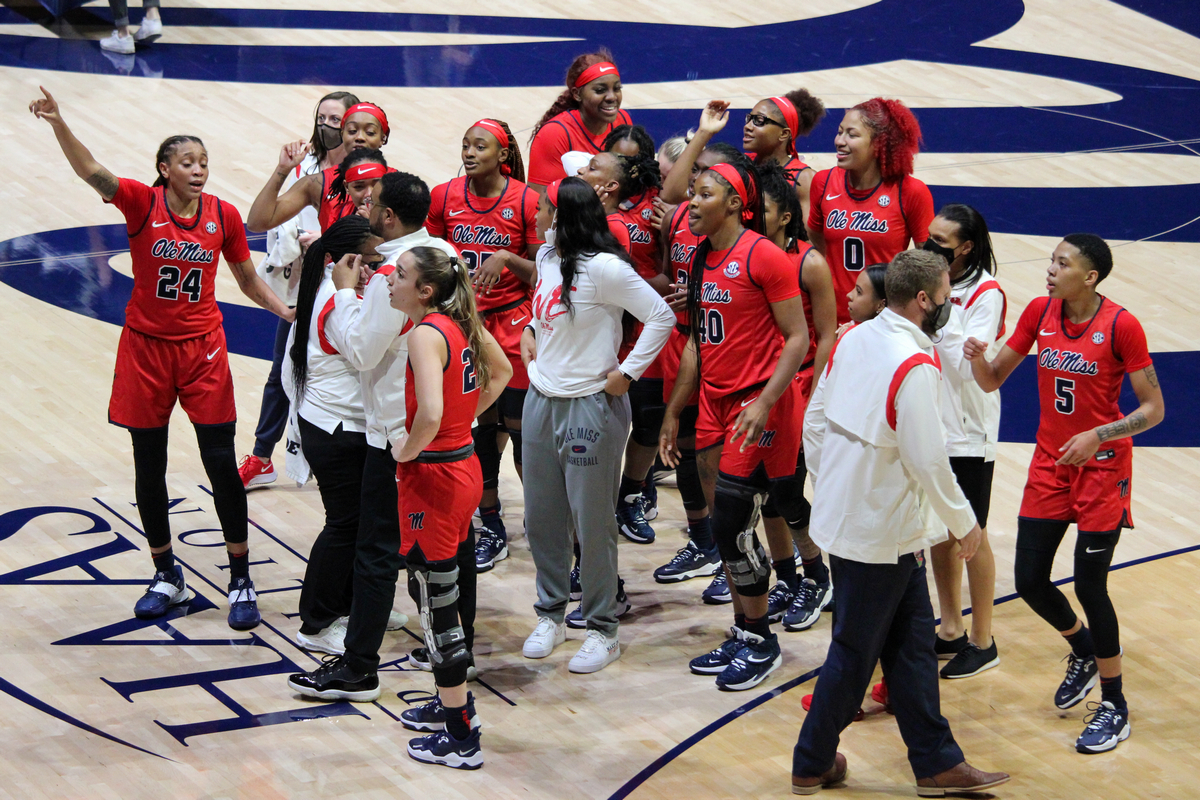 Berkeley, CA (Nov. 27, 2021) – Ole Miss celebrates winning the Raising the B.A.R. Invitational at Haas Pavilion. 