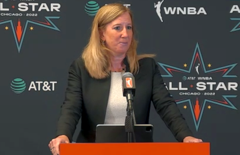 WNBA Commissioner Cathy Engelbert addresses media before All-Star Game; says the league will offer charter flights for the Finals