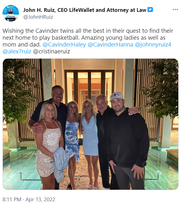 The NCAA didn't name the booster or prospects in its report. However, it did mention a Twitter post that included booster John Ruiz and Miami players Haley and Hanna Cavinder.