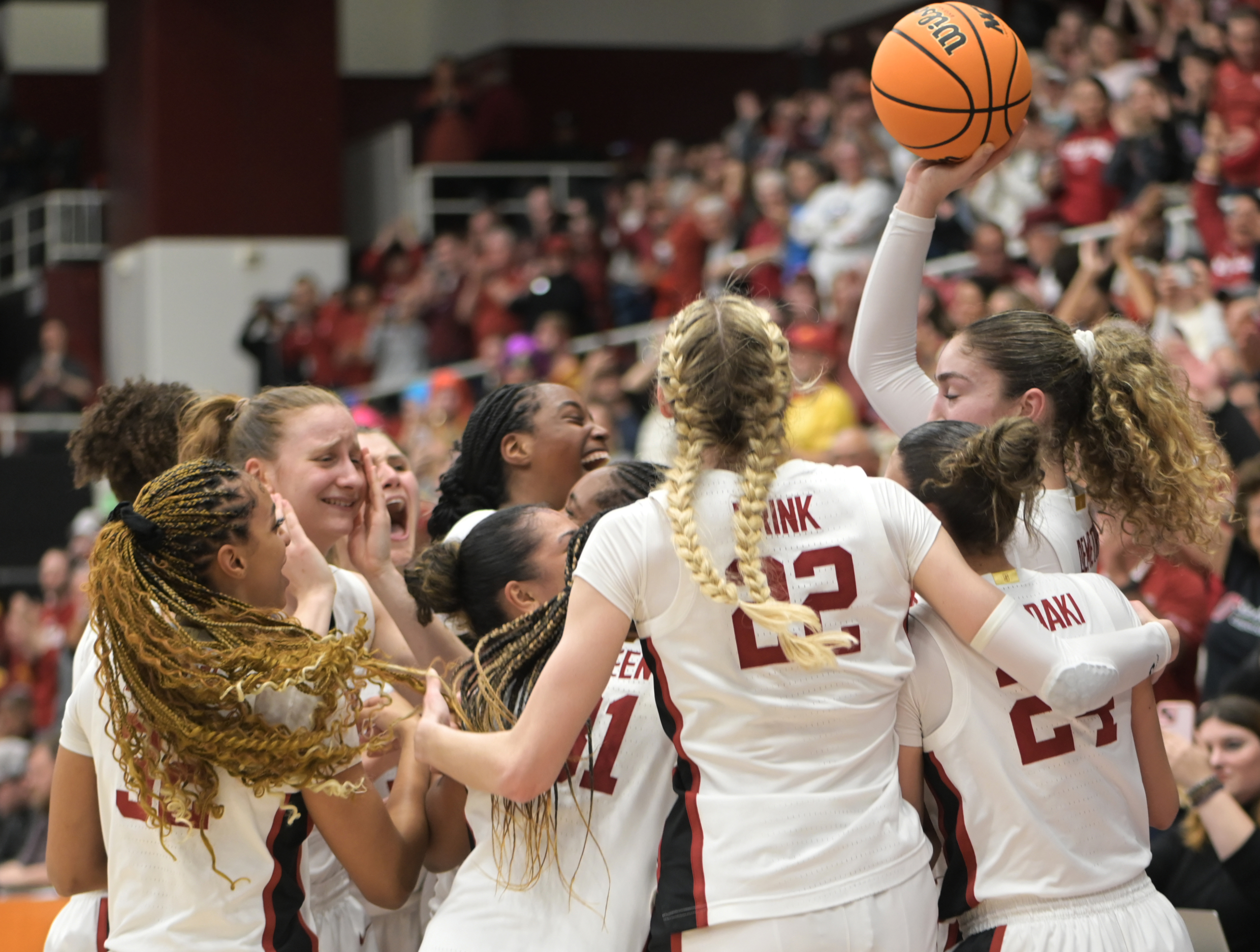 March 24, 2024 (Stanford, CA) - Stanford celebrates after beating Iowa State in overtime to advance to the Sweet 16. Photo © Baranduin Briggs, all rights reserved.