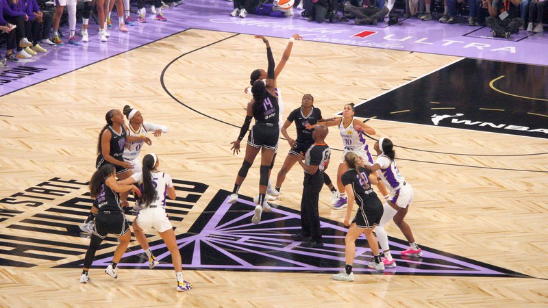 May 16, 2025 (SAN FRANCISCO) - Tip off between the Los Angeles Sparks at the Golden State Valkyries at Chase Center. Photo: © Cheryl Coward.