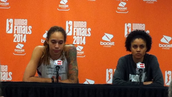 PHOENIX (Sept. 7, 2014) - Brittney Griner and Candice Dupree after game 1 of the 2014 WNBA Finals.
