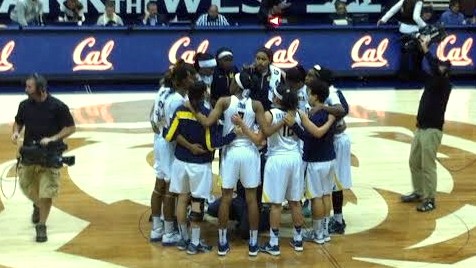 Cal postgame huddle after defeating UCLA Sunday in Berkeley.