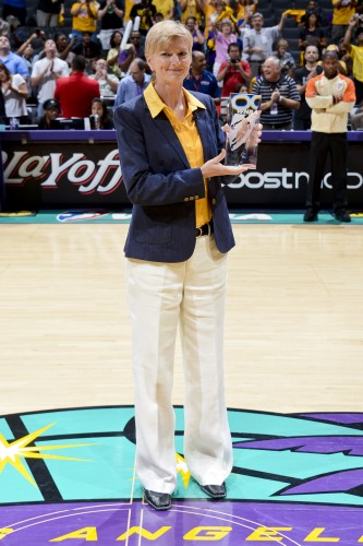 LOS ANGELES, CA - OCTOBER 7: Head Coach Carol Ross of the Los Angeles Sparks poses with her award for Coach of the Year prior to Game Two of the WNBA Western Conference Finals against the Minnesota Lynx at Staples Center on October 7, 2012 in Los Angeles, California. NOTE TO USER: User expressly acknowledges and agrees that, by downloading and or using this photograph, User is consenting to the terms and conditions of the Getty Images License Agreement. Mandatory Copyright Notice: Copyright 2012 NBAE (Photo by Jon SooHoo/NBAE via Getty Images)