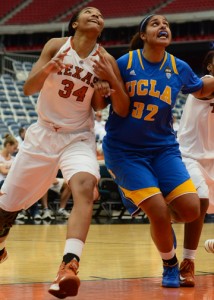 December 8, 2012 (Houston, Texas) - Texas player Imani McGee-Stafford vs. UCLA's Alyssia Brewer. Photo © Robert Franklin, all rights reserved.