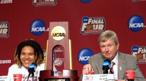 Danielle Adams and Gary Blair after Texas A&M's victory at the 2011 NCAA Championships.