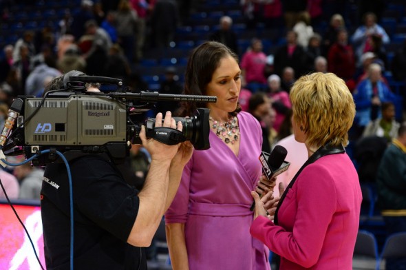 Hartford, CT - February 18, 2013 - XL Center:  Rebecca Lobo and Coach Kim Mulkey of the Baylor University Lady Bears during a regular season game (Photo by Joe Faraoni / ESPN Images)