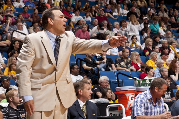 Gary Kloppenburg, head coach of the Tulsa Shock, directs his team against the San Antonio Silver Stars during a WNBA game on May 19, 2012 at the BOK Center in Tulsa, Oklahoma.  Photo by Shane Bevel/NBAE via Getty Images.