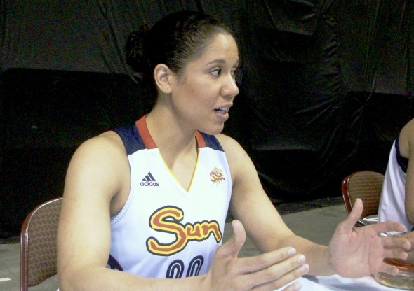 Kara Lawson answers a question at Connecticut Sun Media Day.