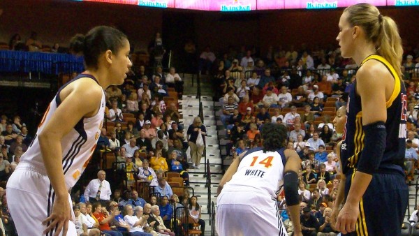 Kara Lawson defends Katie Douglas in the Sun's game one victory over the Fever.