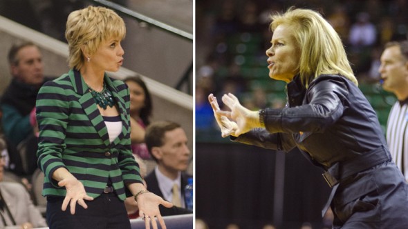  Baylor coach Kim Mulkey, Florida State coach Sue Semrau. Photos © Robert Franklin, all rights reserved.